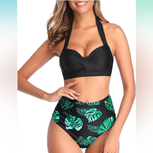Tempt Me Other - NWOT Tempt Me Green Leaf Ruched High Waist Bikini Bottoms, Size Large
